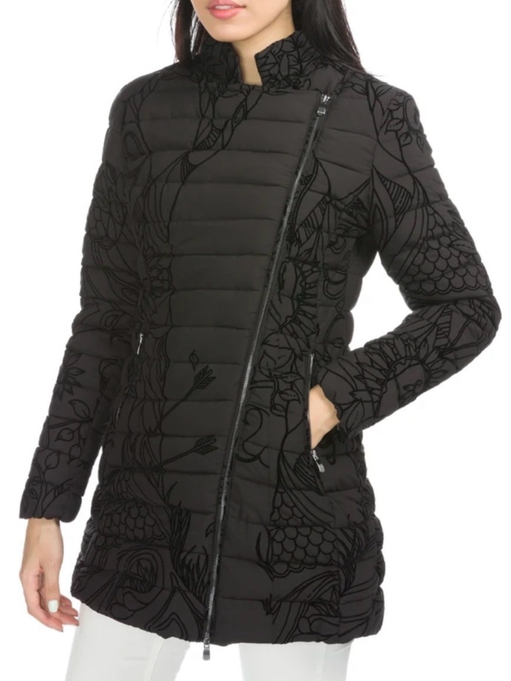 Desigual Black Quilted Floral-Print Asymmetric Puffer Coat